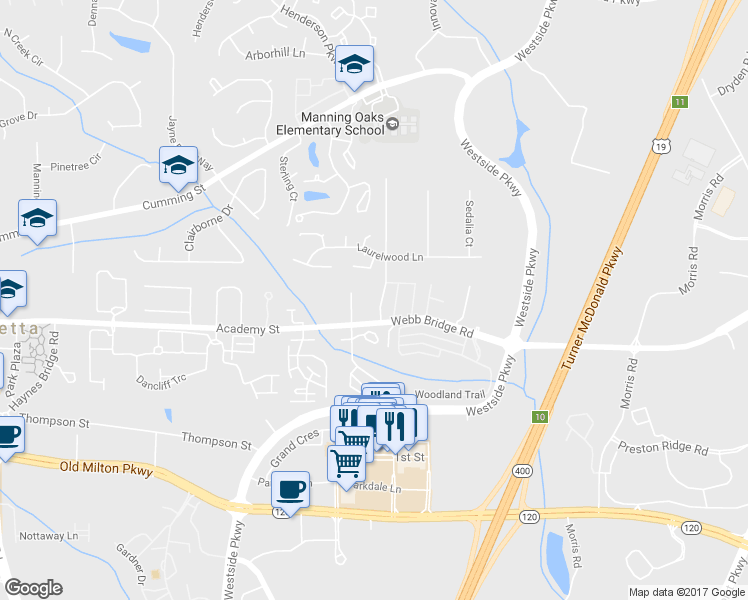 map of restaurants, bars, coffee shops, grocery stores, and more near 564 Wedgewood Drive in Alpharetta
