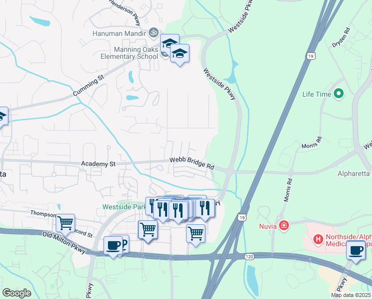 map of restaurants, bars, coffee shops, grocery stores, and more near 2950 Webb Bridge Road in Alpharetta