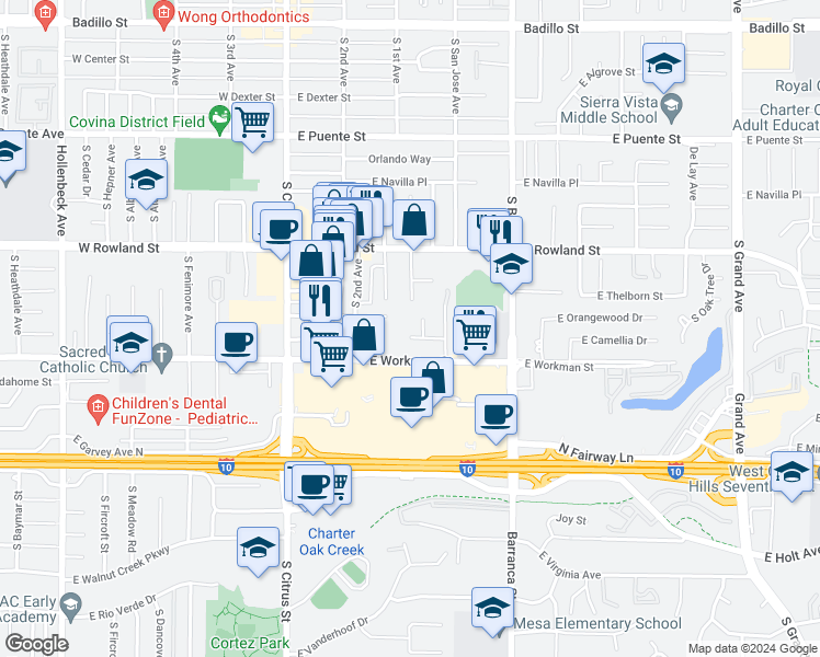 map of restaurants, bars, coffee shops, grocery stores, and more near 317 East Ramona Street in Covina