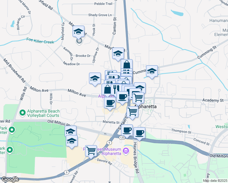 map of restaurants, bars, coffee shops, grocery stores, and more near 50 Canton Street in Alpharetta