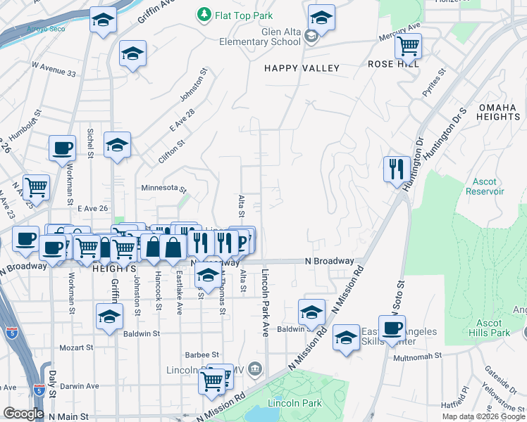 map of restaurants, bars, coffee shops, grocery stores, and more near 2526 Lincoln Park Avenue in Los Angeles