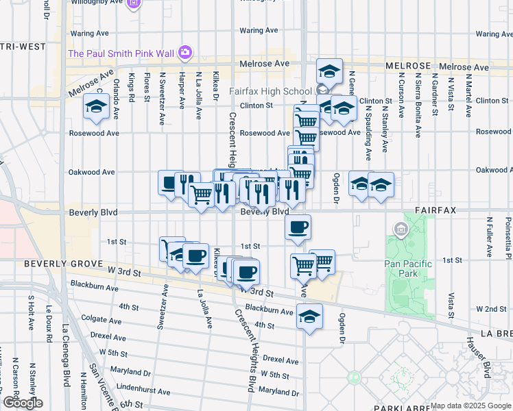 map of restaurants, bars, coffee shops, grocery stores, and more near 8023 Beverly Boulevard in Los Angeles