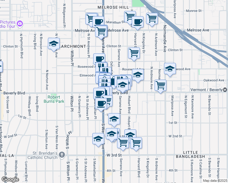 map of restaurants, bars, coffee shops, grocery stores, and more near 4513 Beverly Boulevard in Los Angeles