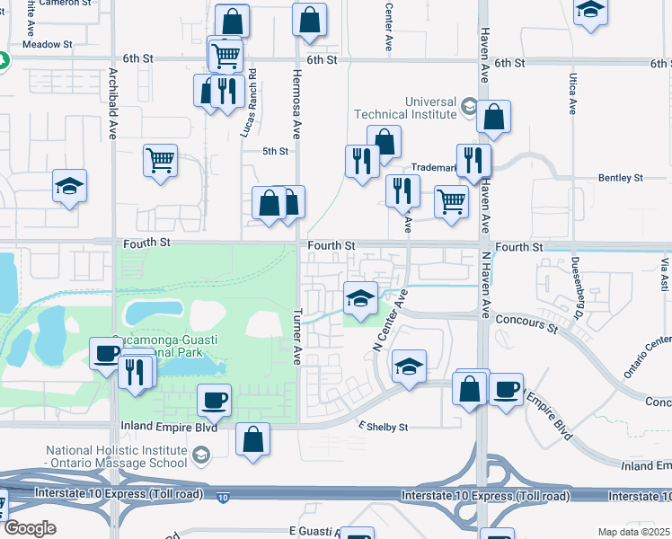 map of restaurants, bars, coffee shops, grocery stores, and more near 1048 Hermosa Avenue in Ontario