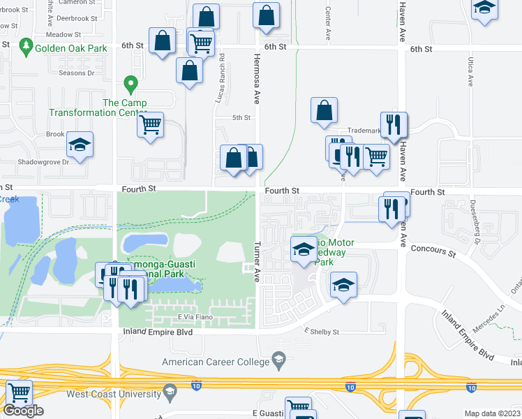 map of restaurants, bars, coffee shops, grocery stores, and more near 1052 North Turner Avenue in Ontario