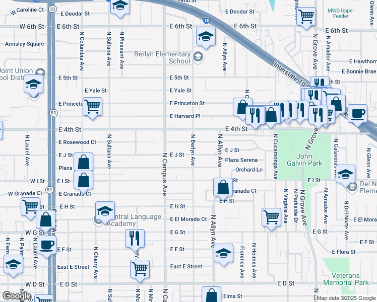 map of restaurants, bars, coffee shops, grocery stores, and more near 804 East Rosewood Court in Ontario