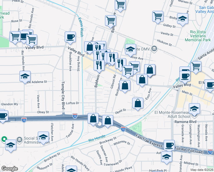 map of restaurants, bars, coffee shops, grocery stores, and more near 3805 Gibson Road in El Monte