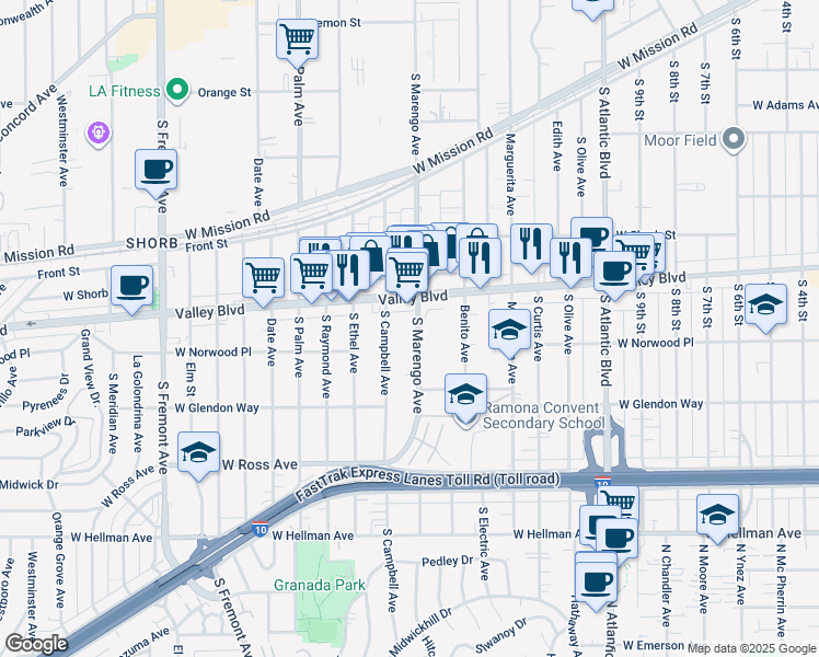 map of restaurants, bars, coffee shops, grocery stores, and more near in Alhambra