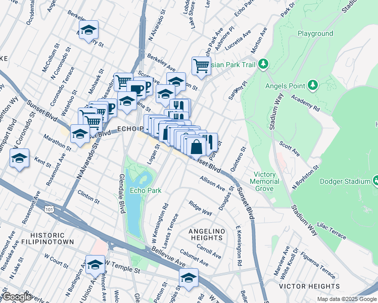 map of restaurants, bars, coffee shops, grocery stores, and more near 1349 Laveta Terrace in Los Angeles