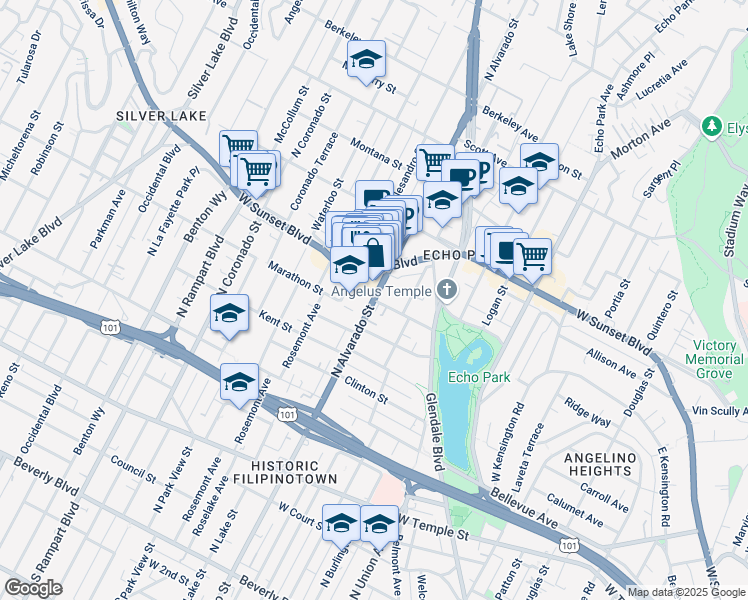map of restaurants, bars, coffee shops, grocery stores, and more near North Alvarado Street & Montrose Street in Los Angeles