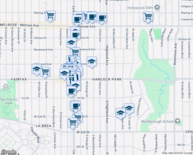 map of restaurants, bars, coffee shops, grocery stores, and more near 325 North Mansfield Avenue in Los Angeles