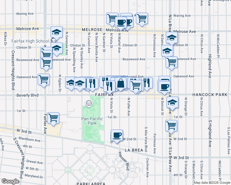 map of restaurants, bars, coffee shops, grocery stores, and more near 325 North Martel Avenue in Los Angeles