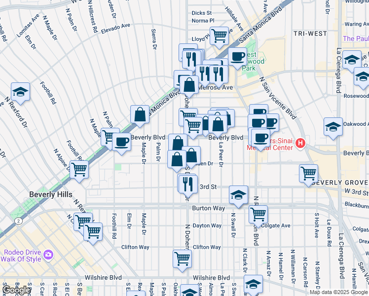 map of restaurants, bars, coffee shops, grocery stores, and more near 9134 Beverly Boulevard in Beverly Hills