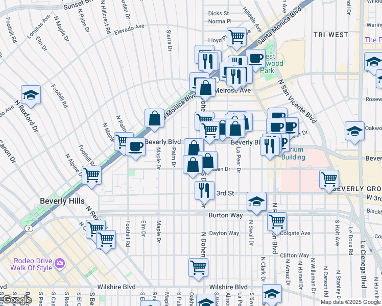 map of restaurants, bars, coffee shops, grocery stores, and more near in Beverly Hills