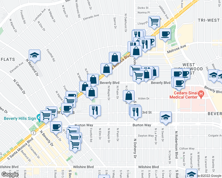 map of restaurants, bars, coffee shops, grocery stores, and more near 9232 Beverly Boulevard in Beverly Hills