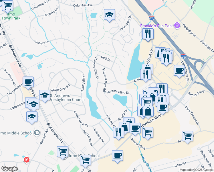 map of restaurants, bars, coffee shops, grocery stores, and more near 127 North Beaver Dam Road in Columbia