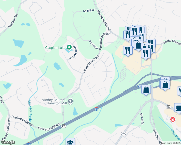 map of restaurants, bars, coffee shops, grocery stores, and more near 2840 General Lee Way Northeast in Buford