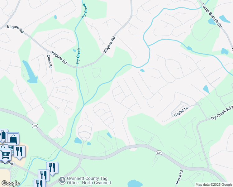 map of restaurants, bars, coffee shops, grocery stores, and more near 2320 Ivy Birch Lane in Buford