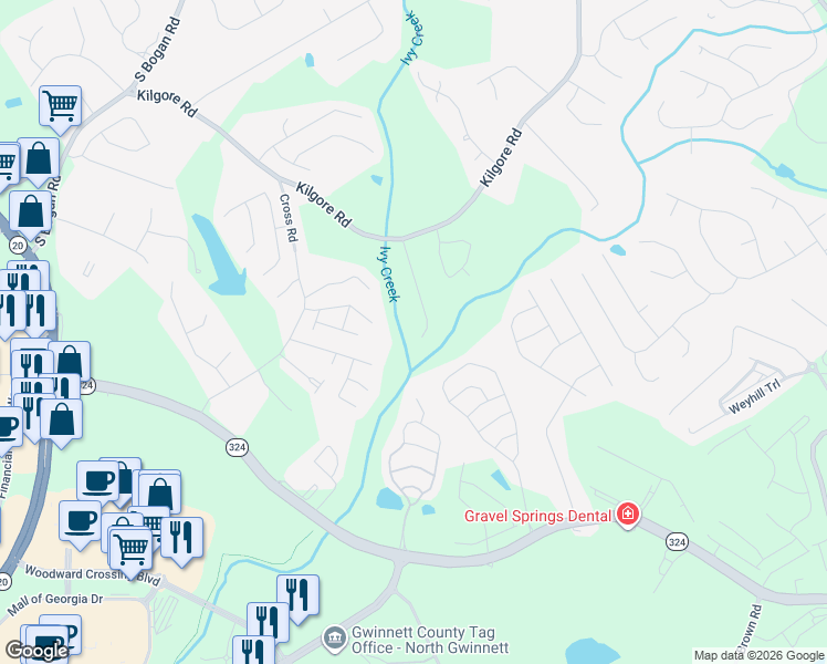 map of restaurants, bars, coffee shops, grocery stores, and more near 3542 Huddlestone Lane Northeast in Buford