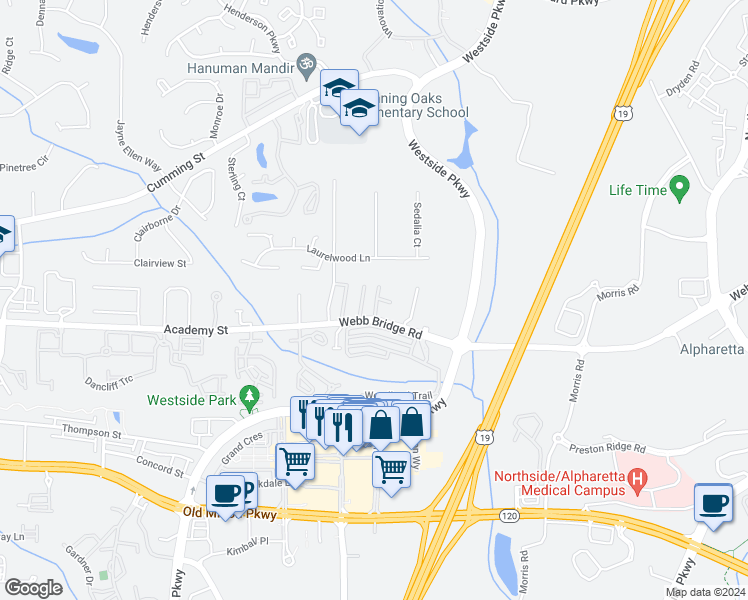 map of restaurants, bars, coffee shops, grocery stores, and more near 2902 Webb Bridge Road in Alpharetta