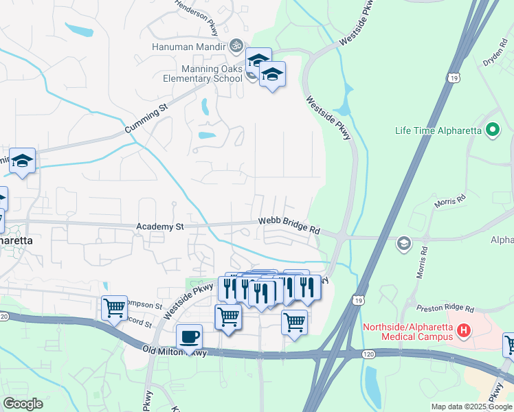 map of restaurants, bars, coffee shops, grocery stores, and more near 605 Wedgewood Drive in Alpharetta