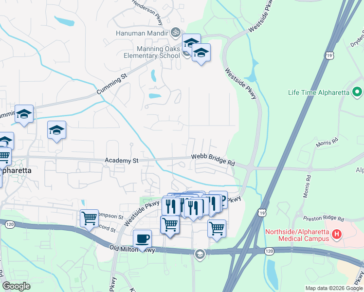 map of restaurants, bars, coffee shops, grocery stores, and more near 564 Wedgewood Drive in Alpharetta
