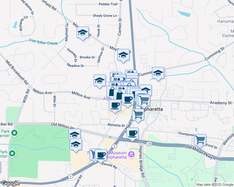 map of restaurants, bars, coffee shops, grocery stores, and more near 50 Canton Street in Alpharetta