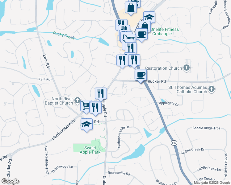 map of restaurants, bars, coffee shops, grocery stores, and more near 4434 Orchard Trce in Roswell