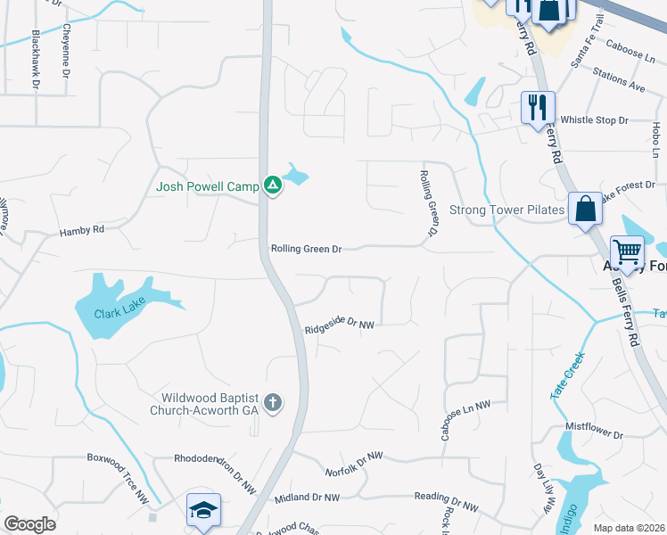 map of restaurants, bars, coffee shops, grocery stores, and more near 1223 Rolling Green Drive in Acworth