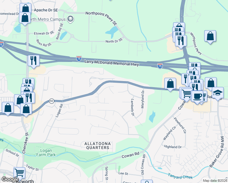 map of restaurants, bars, coffee shops, grocery stores, and more near 3904 Keystone Ridge in Acworth
