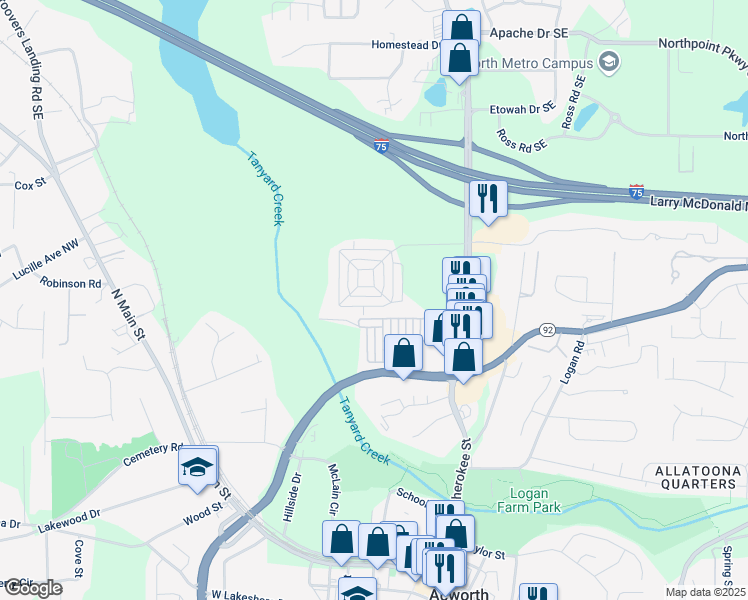 map of restaurants, bars, coffee shops, grocery stores, and more near 4677 Liberty Square Drive in Acworth