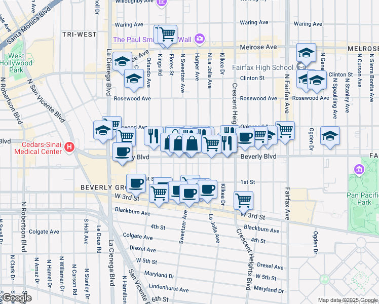 map of restaurants, bars, coffee shops, grocery stores, and more near 331 North Harper Avenue in Los Angeles