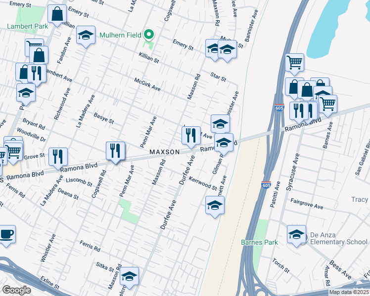 map of restaurants, bars, coffee shops, grocery stores, and more near 12227 Ramona Boulevard in El Monte