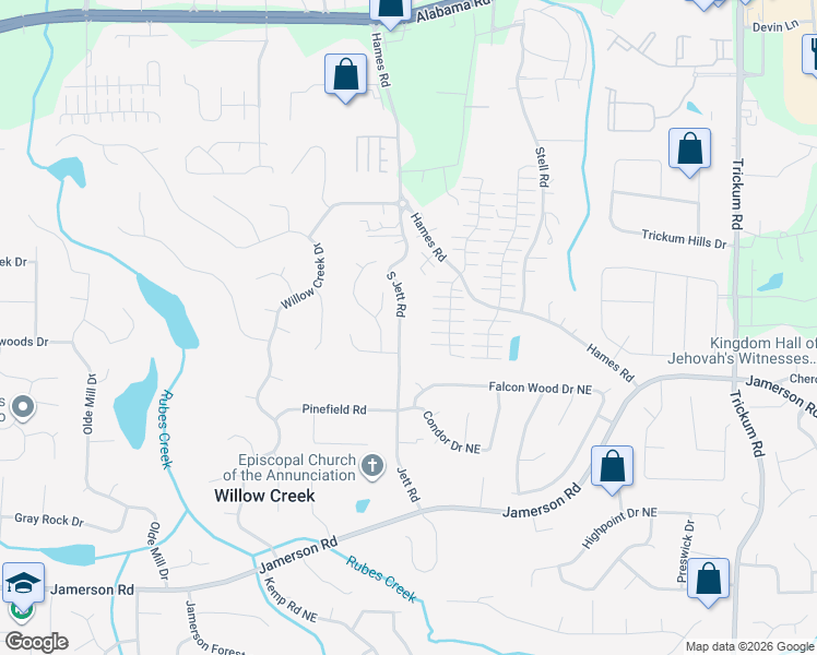 map of restaurants, bars, coffee shops, grocery stores, and more near 5110 South Jett Road in Woodstock