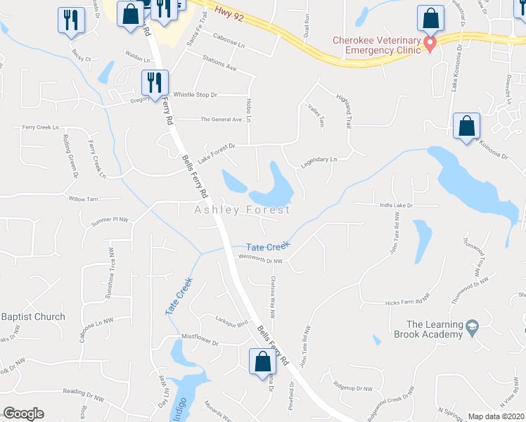 map of restaurants, bars, coffee shops, grocery stores, and more near 640 Ashley Forest Drive Northwest in Acworth