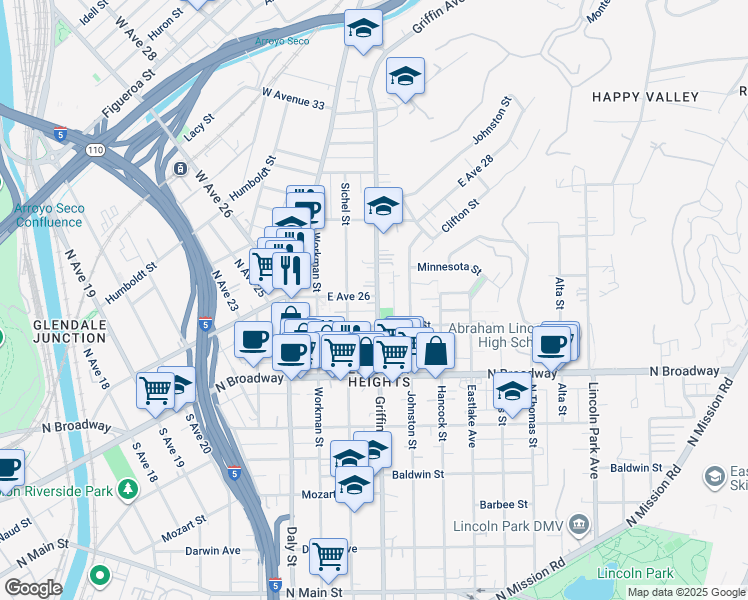 map of restaurants, bars, coffee shops, grocery stores, and more near 360 East Avenue 26 in Los Angeles