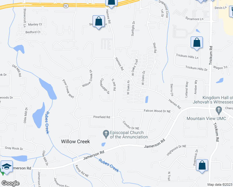 map of restaurants, bars, coffee shops, grocery stores, and more near 5110 South Jett Road in Woodstock