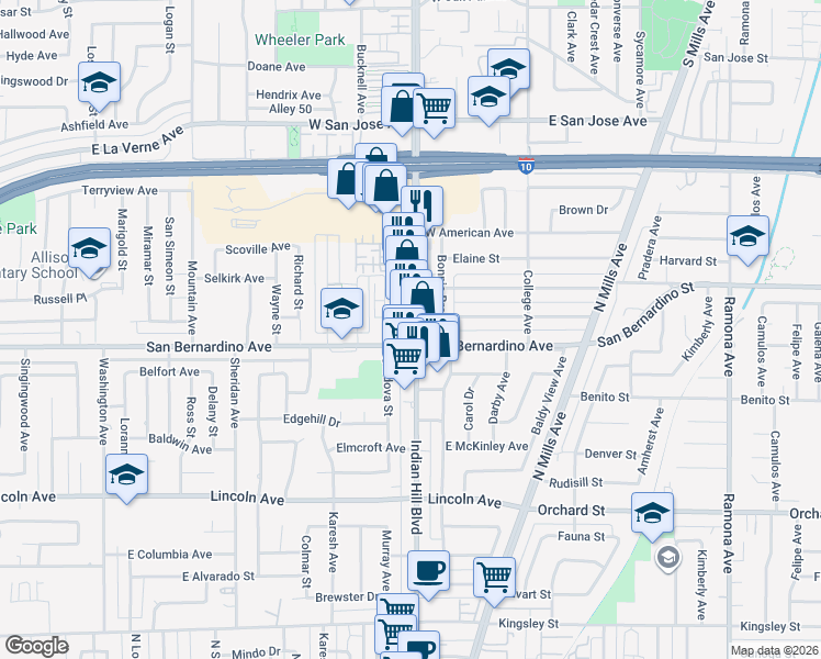 map of restaurants, bars, coffee shops, grocery stores, and more near 1760 Cordova Street in Pomona