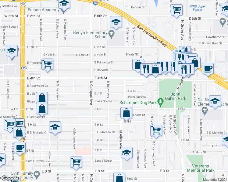 map of restaurants, bars, coffee shops, grocery stores, and more near 823 East J Street in Ontario