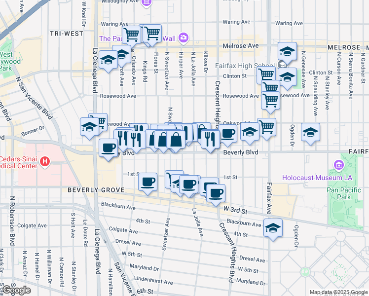 map of restaurants, bars, coffee shops, grocery stores, and more near 331 North Harper Avenue in Los Angeles