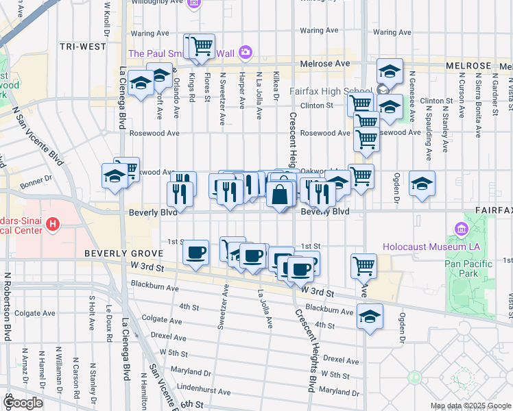 map of restaurants, bars, coffee shops, grocery stores, and more near 8201 Beverly Boulevard in Los Angeles