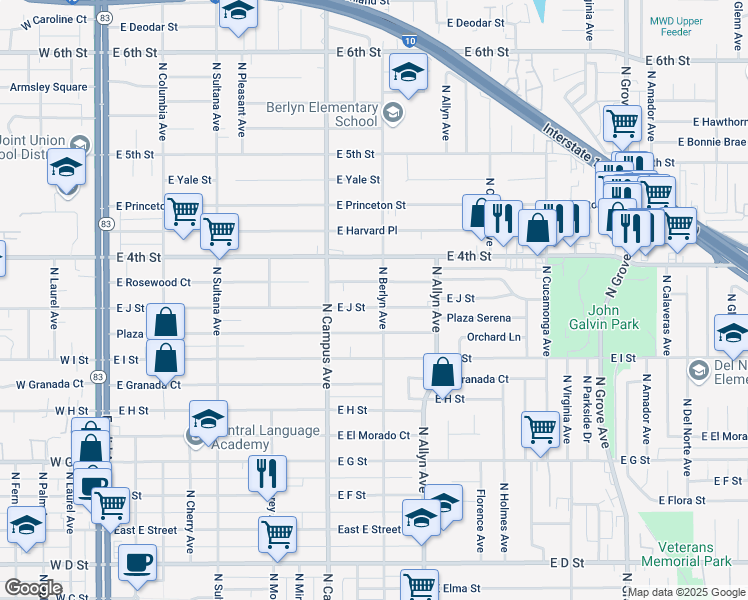 map of restaurants, bars, coffee shops, grocery stores, and more near 804 East Rosewood Court in Ontario