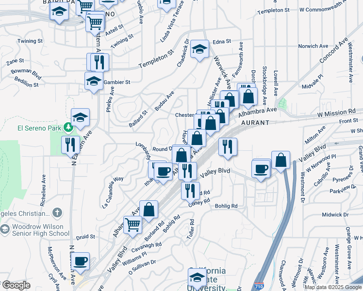 map of restaurants, bars, coffee shops, grocery stores, and more near 5325 Ithaca Avenue in Los Angeles