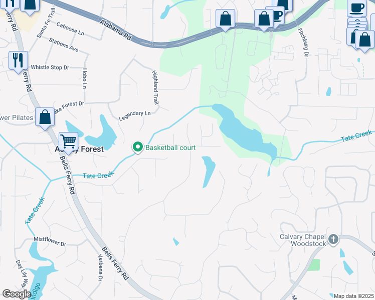 map of restaurants, bars, coffee shops, grocery stores, and more near 5027 India Lake Drive in Acworth