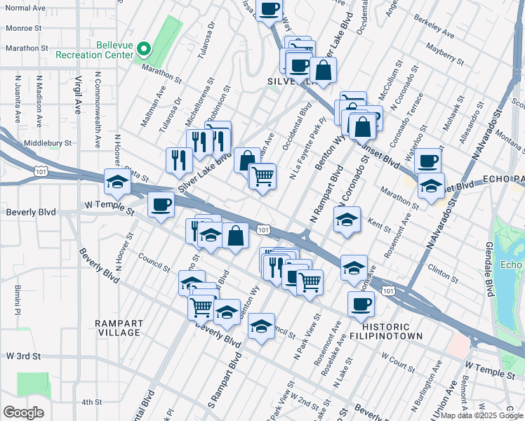 map of restaurants, bars, coffee shops, grocery stores, and more near 2828 London Street in Los Angeles