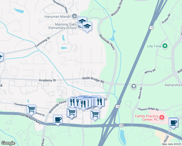 map of restaurants, bars, coffee shops, grocery stores, and more near 2938 Webb Bridge Road in Alpharetta