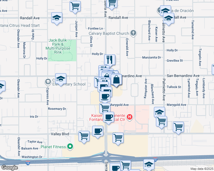 map of restaurants, bars, coffee shops, grocery stores, and more near 9765 Sierra Avenue in Fontana