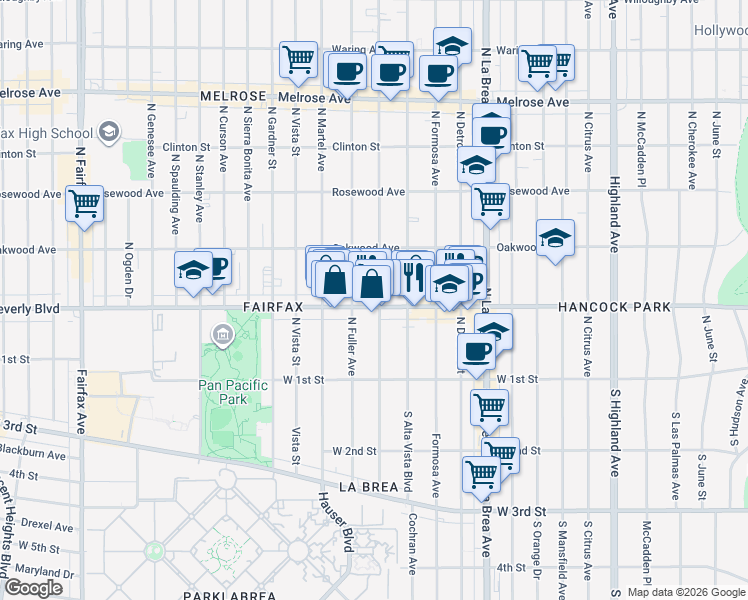 map of restaurants, bars, coffee shops, grocery stores, and more near 328 North Poinsettia Place in Los Angeles