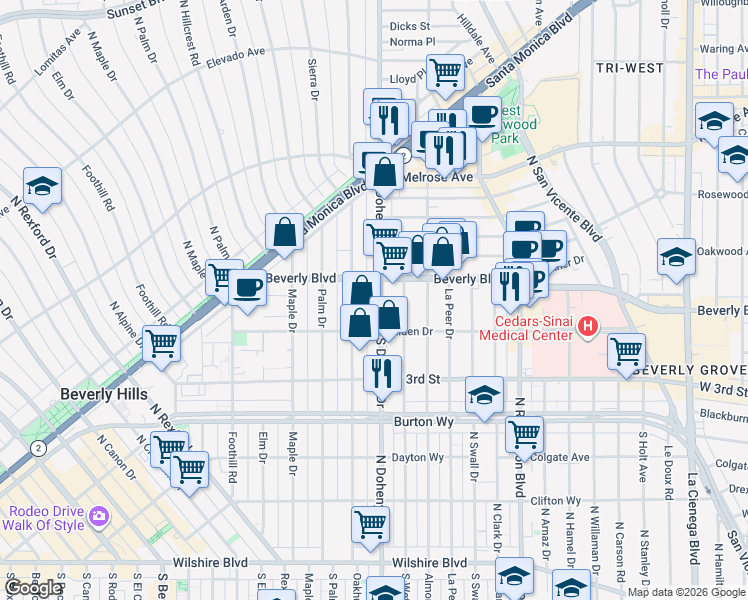 map of restaurants, bars, coffee shops, grocery stores, and more near 137 North Doheny Drive in Los Angeles