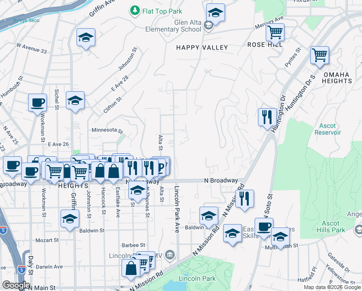 map of restaurants, bars, coffee shops, grocery stores, and more near 2526 Lincoln Park Avenue in Los Angeles